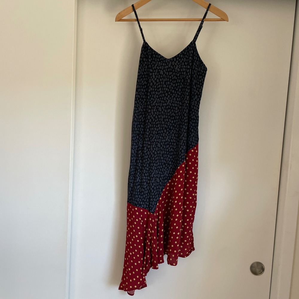 FRESHA LONDON Asymmetrical Midi‎ Dress Navy Blue Red Polka Dot Print